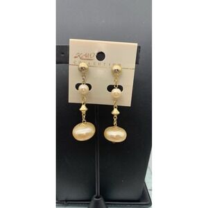 Vintage KMQ NOS Antiqued Gold Tone And Faux Pearl Dangle Pierced Earrings